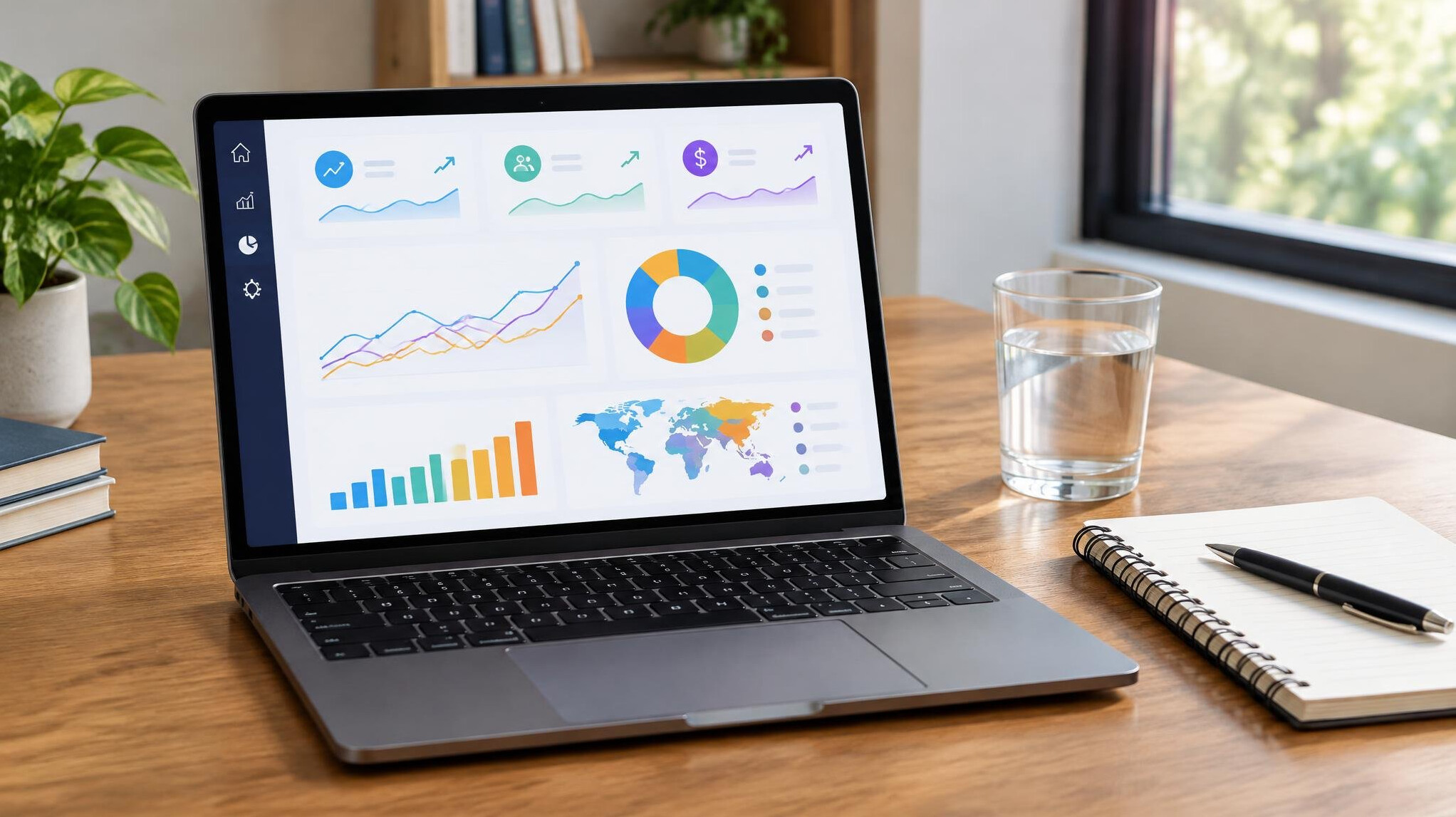 Laptop with analytics dashboard on a desk