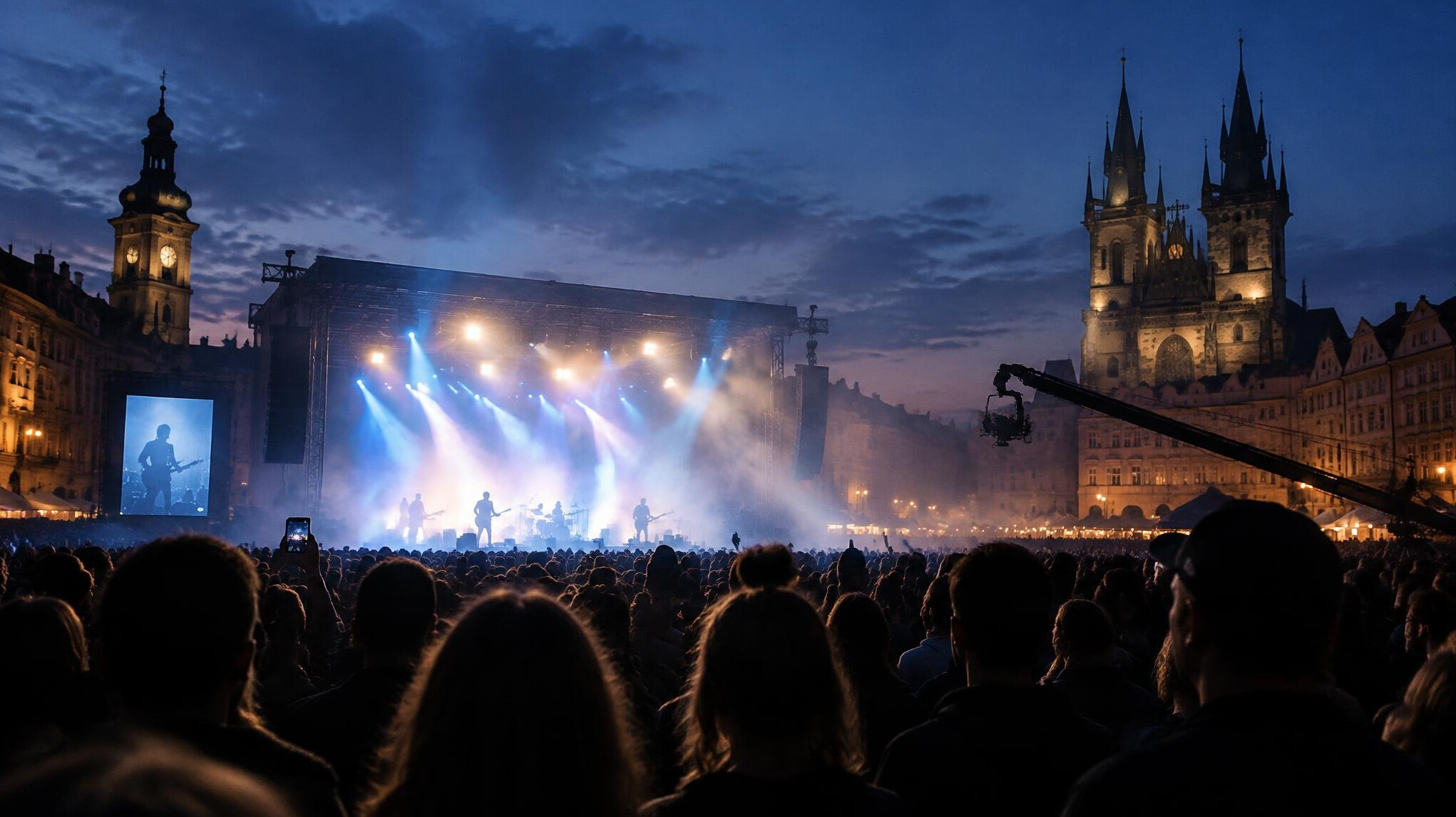 Crowd at an evening event with stage lights