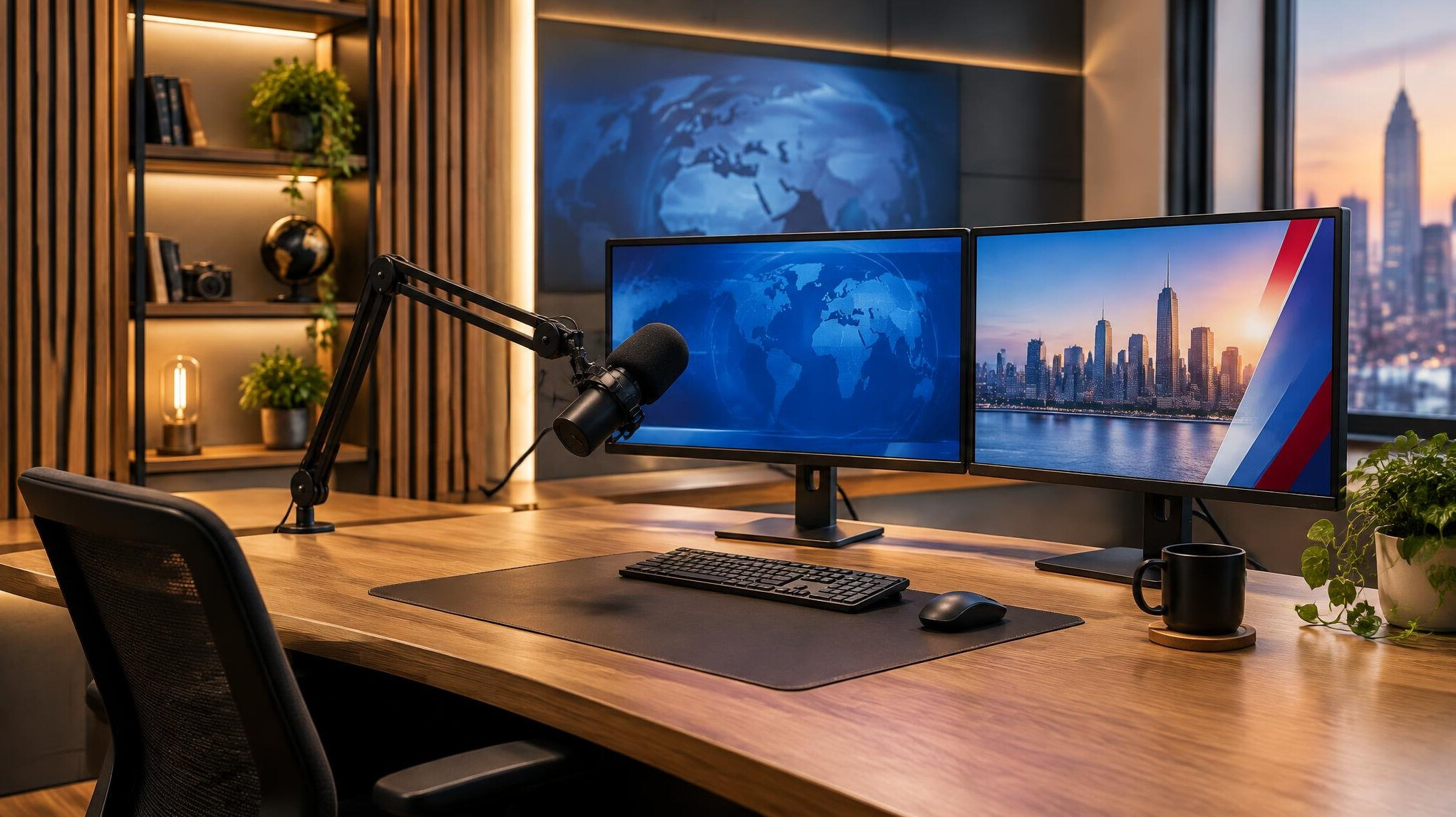 Small broadcast studio with microphone and monitors