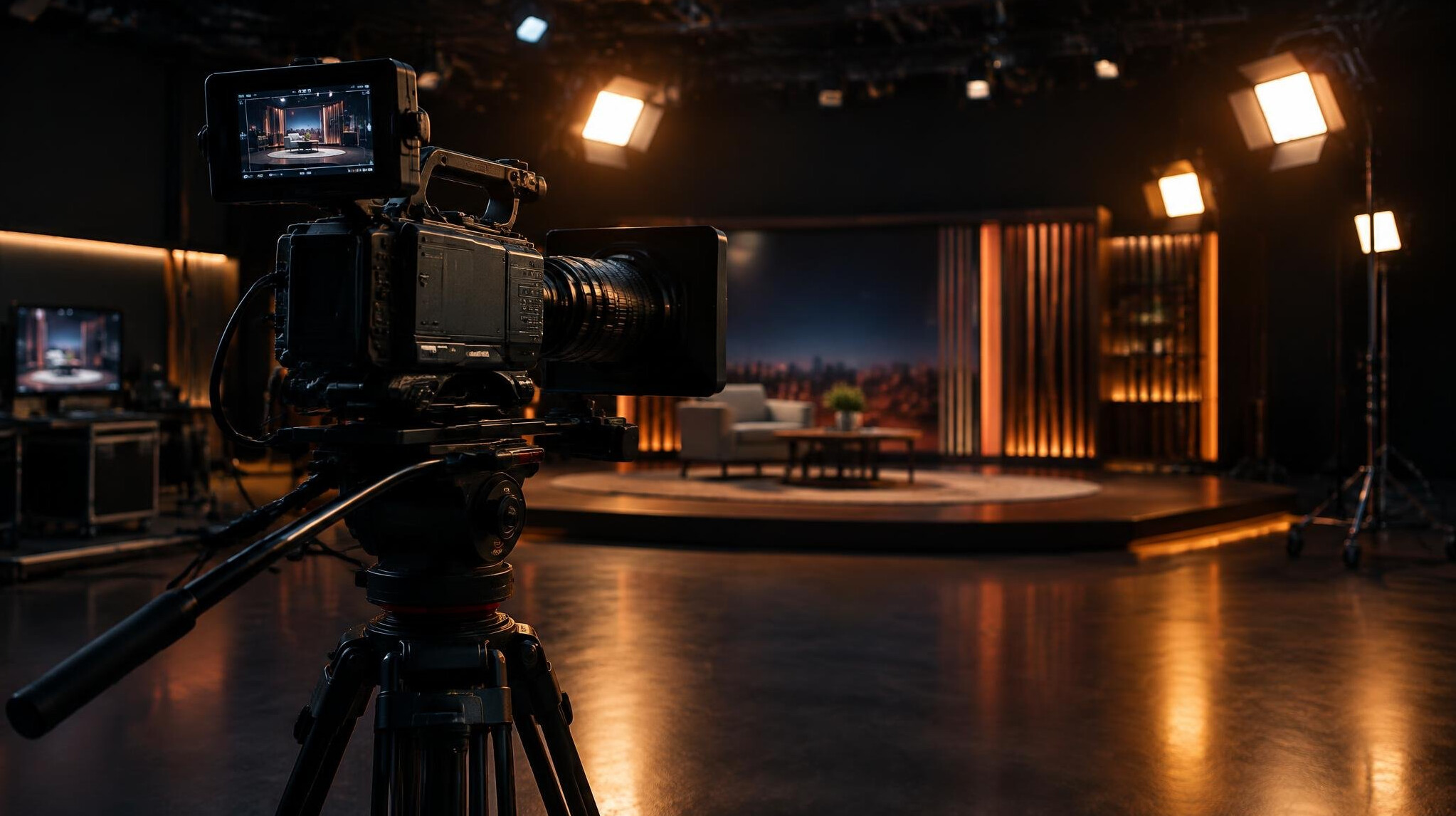 Film camera on a dark studio set with lighting rig